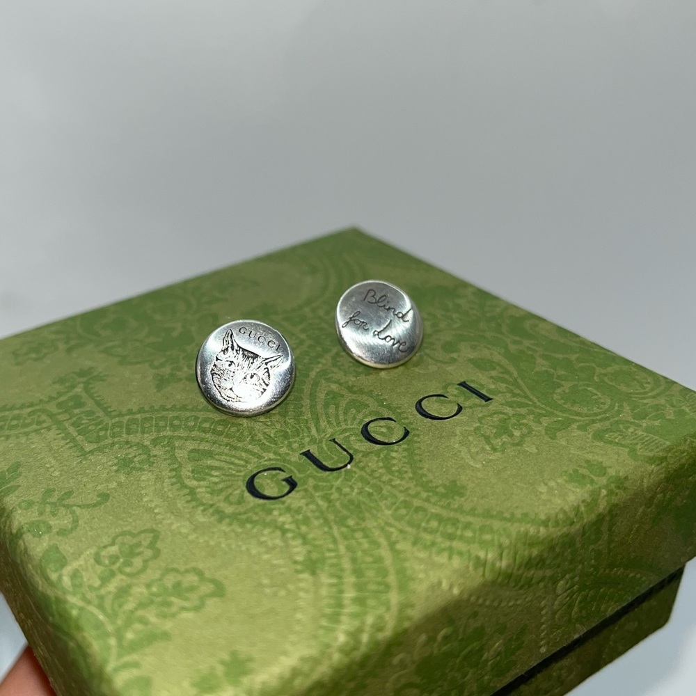 Gucci Blind for Love Cat Earrings Sterling Silver Coin Studs
